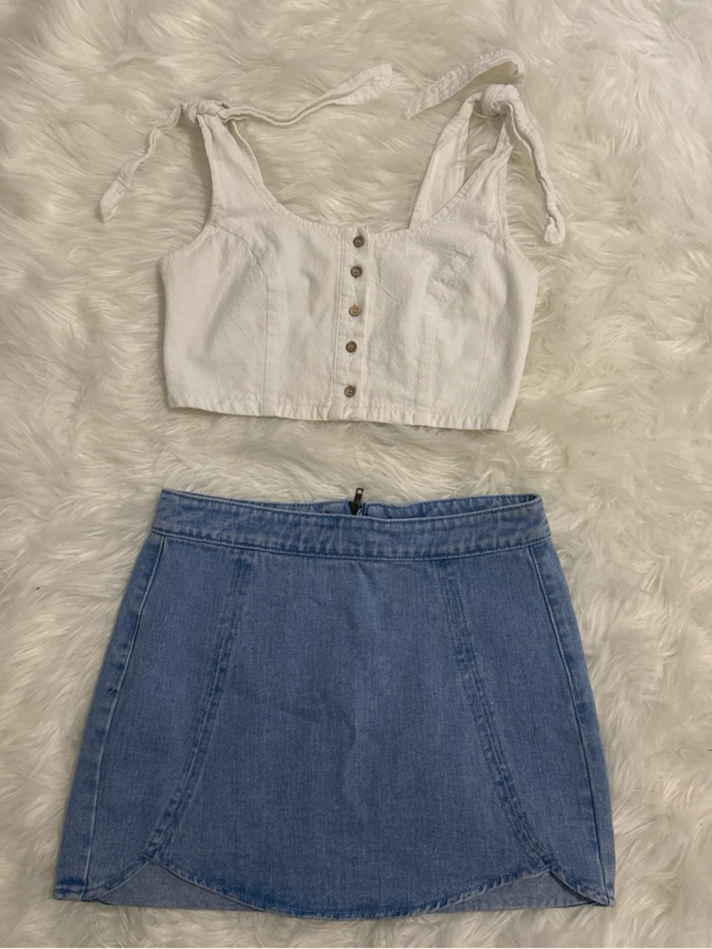PacSun Washed Blue Denim Mini Skirt and Kendall & Kylie adjustable tie crop top.